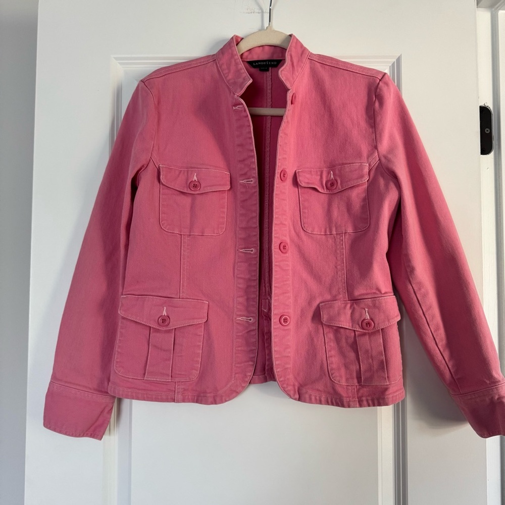 Pink Button-Up Cargo Pocket Denim Jacket